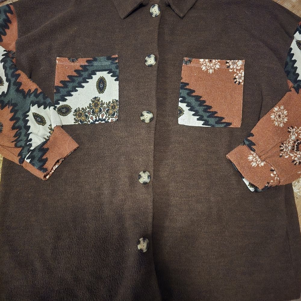 Brown Button Down Shirt with Patterned Accents